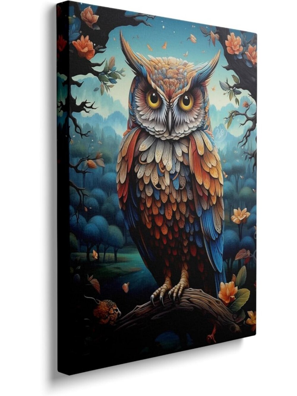 Framed Owl Canvas Art - Woodland Forest Wildlife Decor, 16x24 Inches